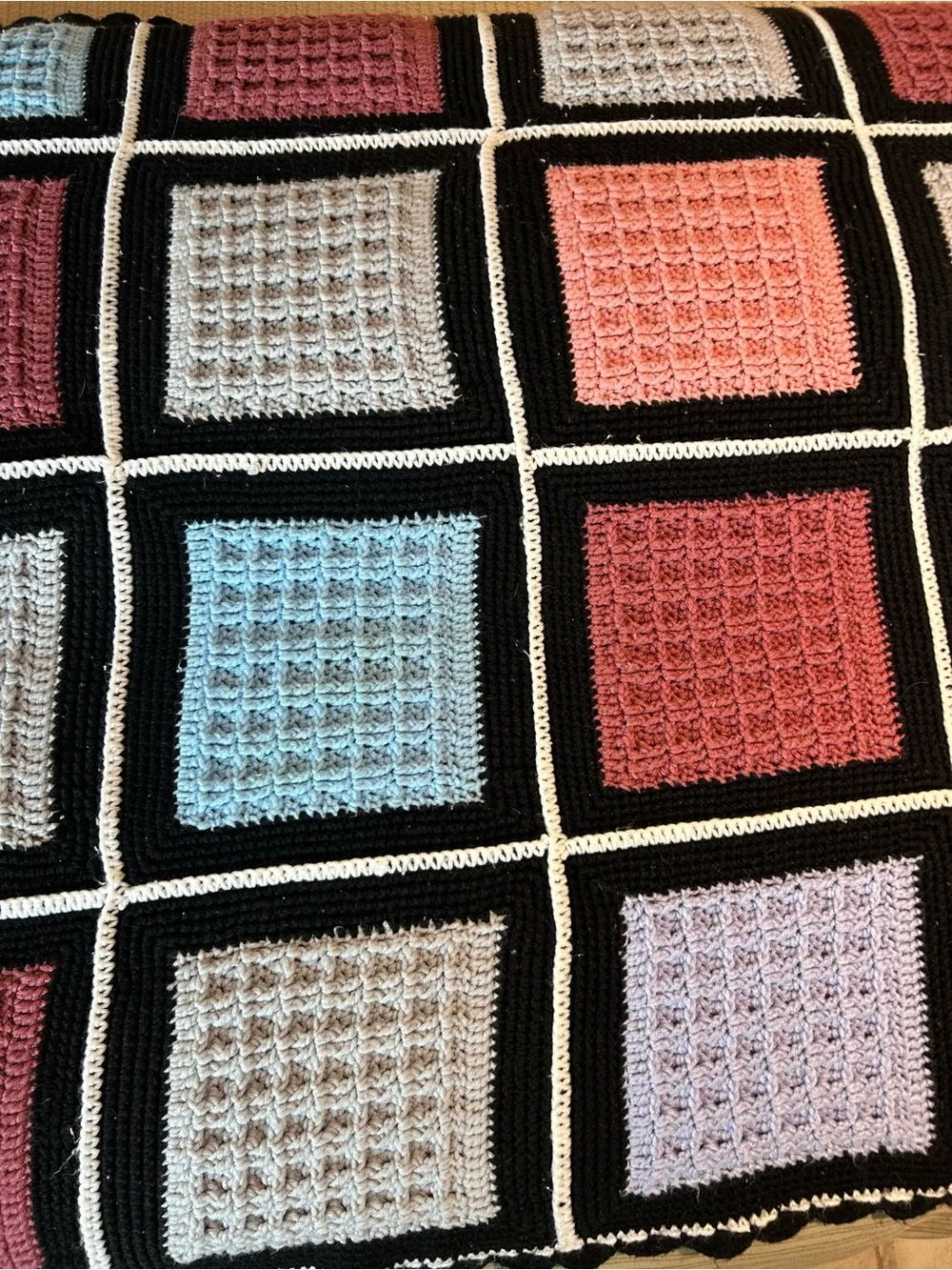 Hand Crafted Crochet Patchwork Throw in Pink, Blue, Lavender & Black